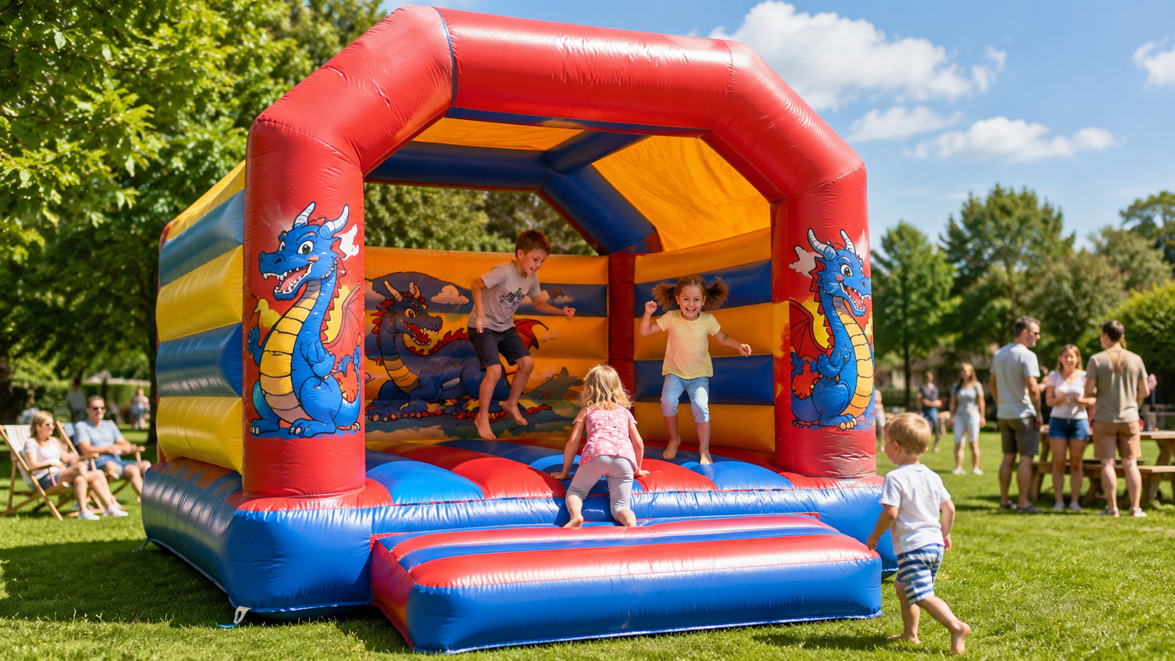 Kinder spielen auf einer Hüpfburg bei einer Kinderparty in Lübeck